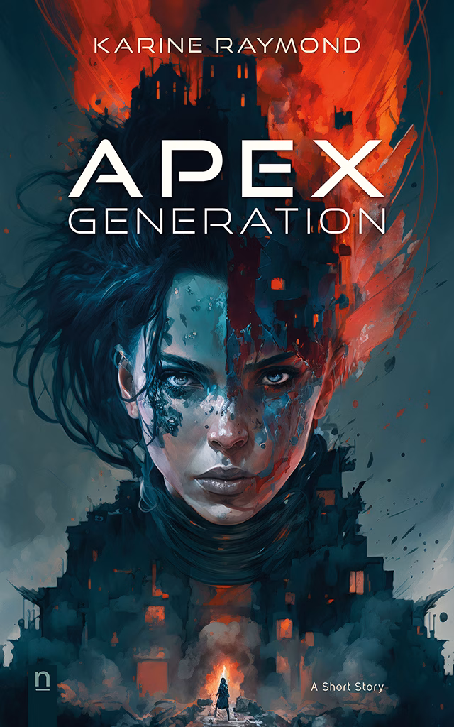 Apex Generation, a short story by Karine Raymond, is a gripping tale that blends real-world struggles and supernatural abilities. With its strong female protagonist and sharp social commentary, this short story is perfect for fans of dystopian fiction and speculative fantasy.

Cover page — Portrait of a young woman whose shoulders represent a burning house, and whose hair transforms into flaming buildings. Dark illustration in shades of blue and orange

Logo — Éditions Novembre.